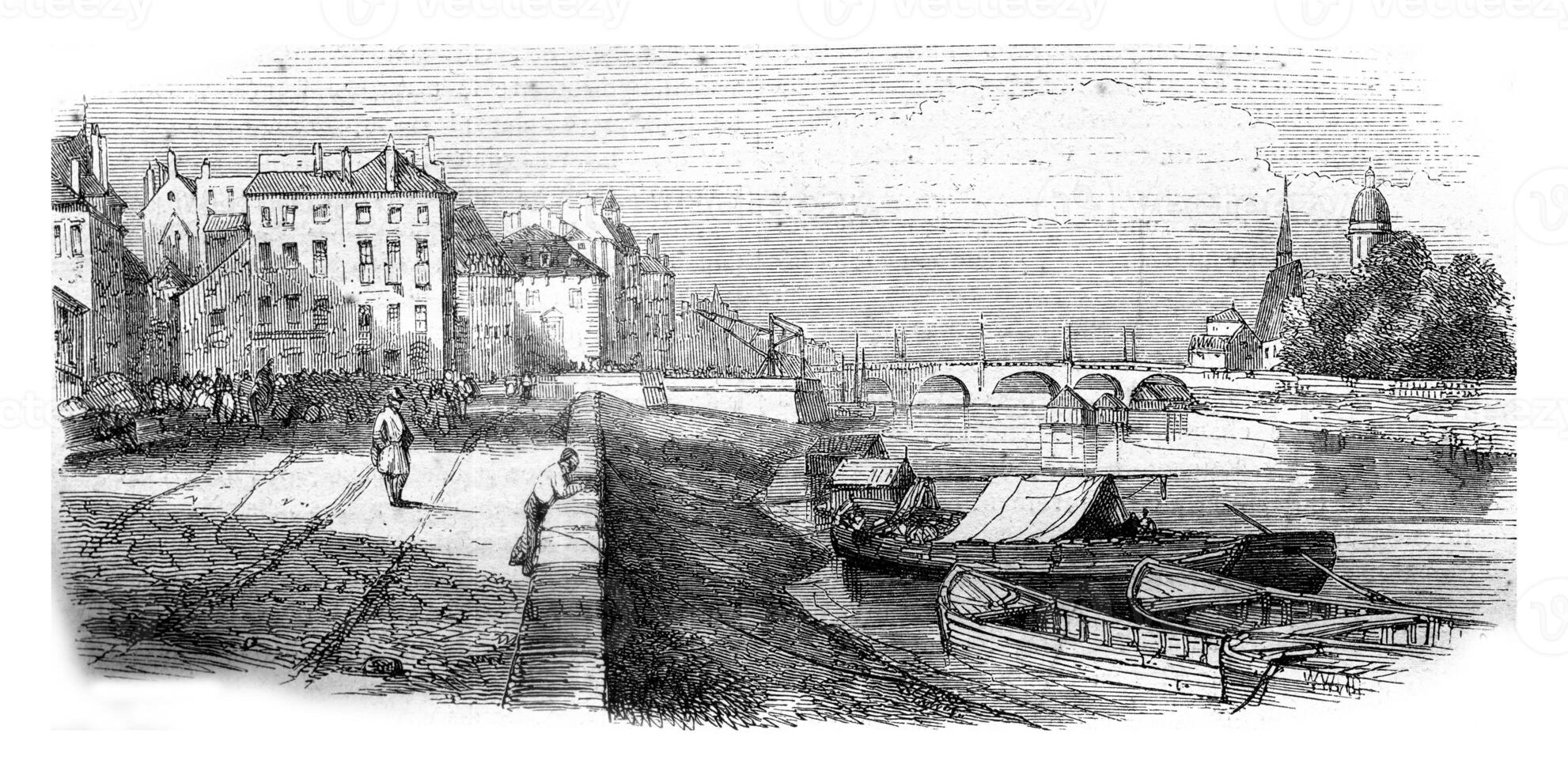 Chalons sur Saone, department of Saone et Loire, view from the dock, vintage engraving. photo