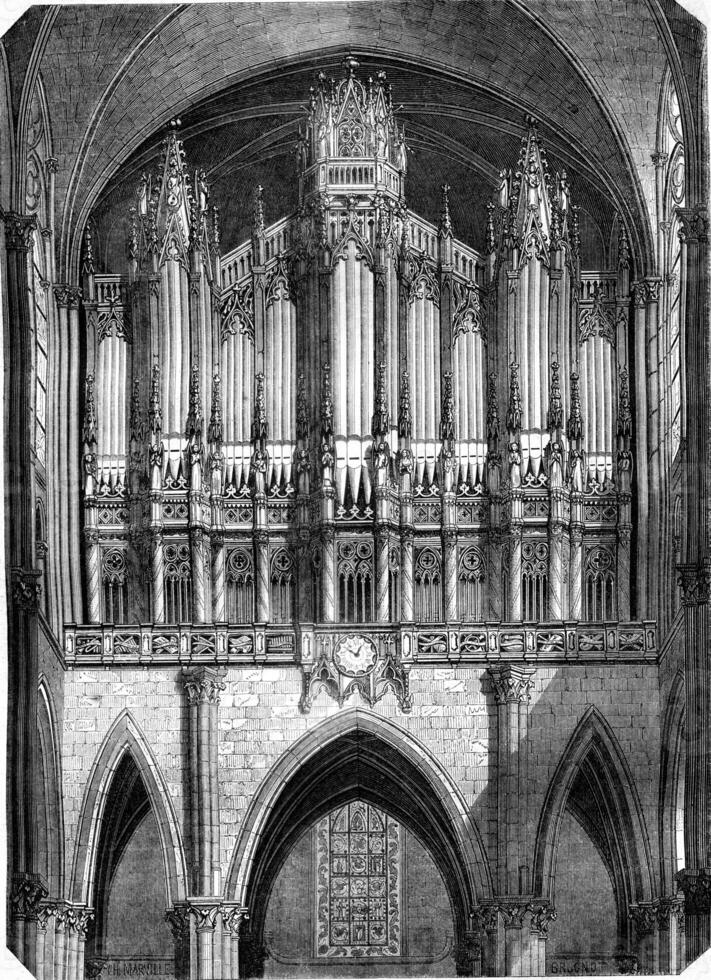 The organ of the church of Saint Denis, vintage engraving. photo