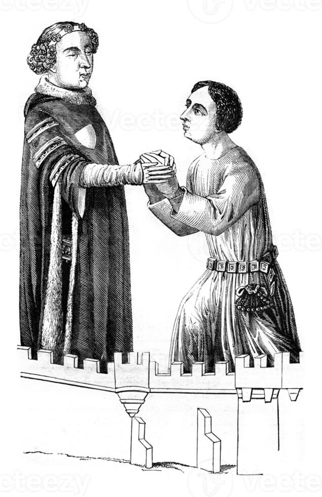 Louis ii bourbon receiving homage to one of his vassals, vintage engraving. photo