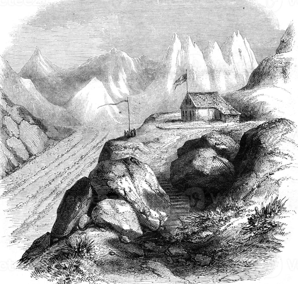 Pavilion Aare glacier, vintage engraving. photo