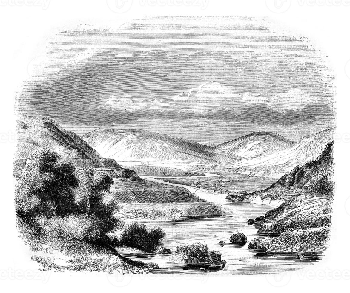 Confluence of valleys of Glen Roy and Glen Turit, Scotland, vintage engraving. photo