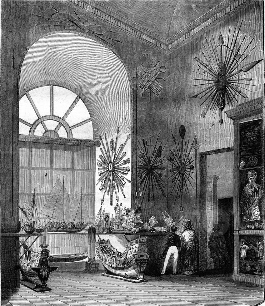 Naval Museum in the Louvre, Room La Perouse, second sight, vintage engraving. photo