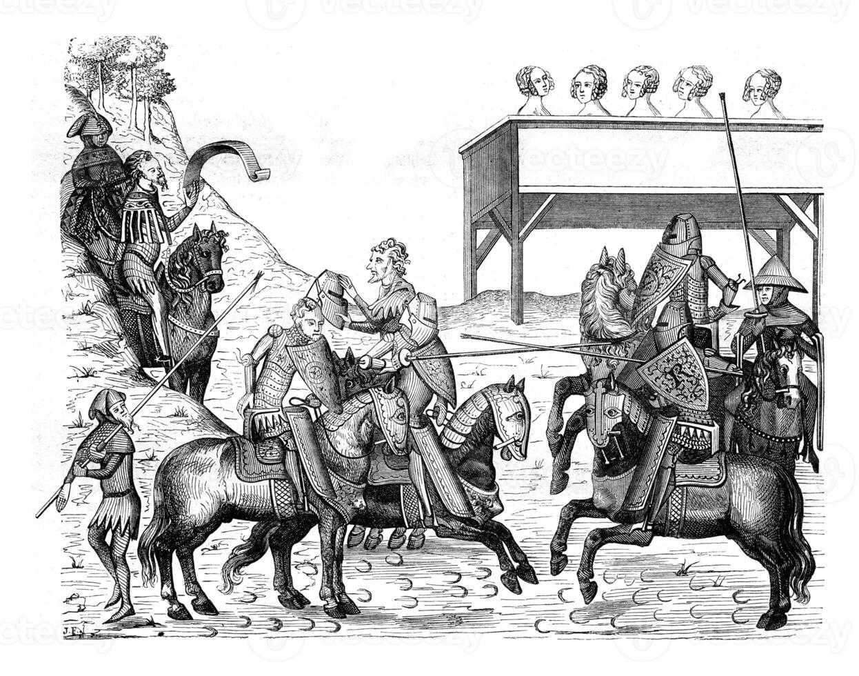 Skirmish, Miniature from a manuscript of the Royal Library, executed around 1390, vintage engraving. photo