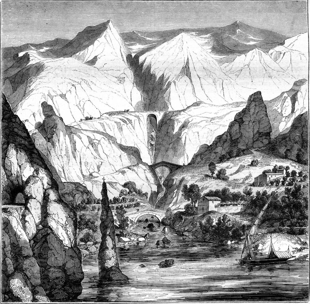 La Corniche, Nice drive to Genoa, vintage engraving. photo