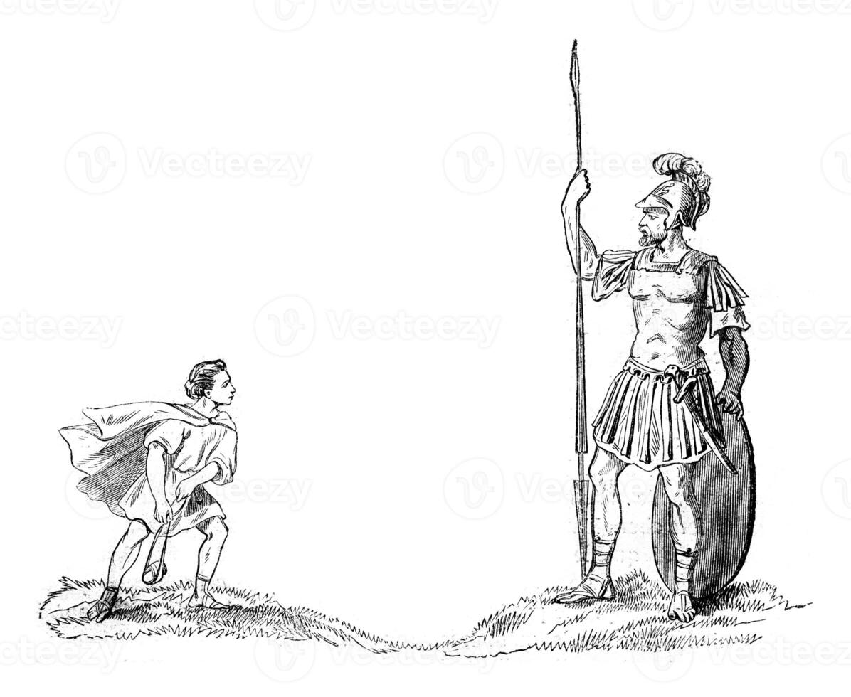 David and Goliath, vintage engraving. photo