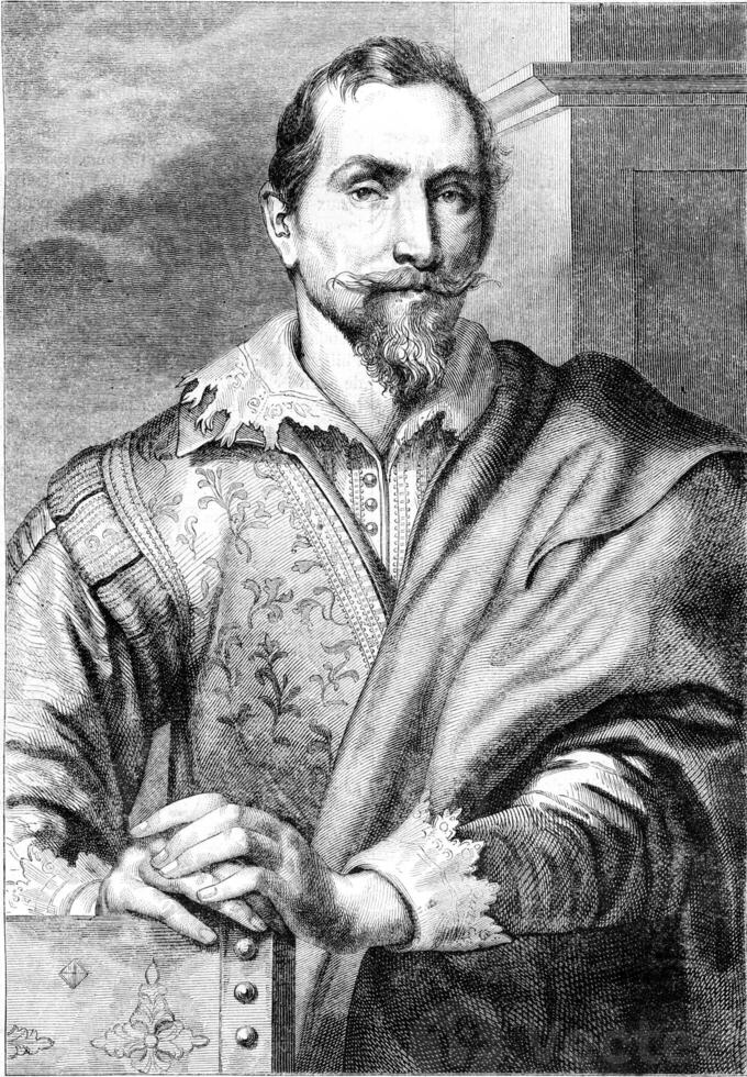 Portrait of Francois Snyders, after the etching of Van Dyck, vintage engraving. photo