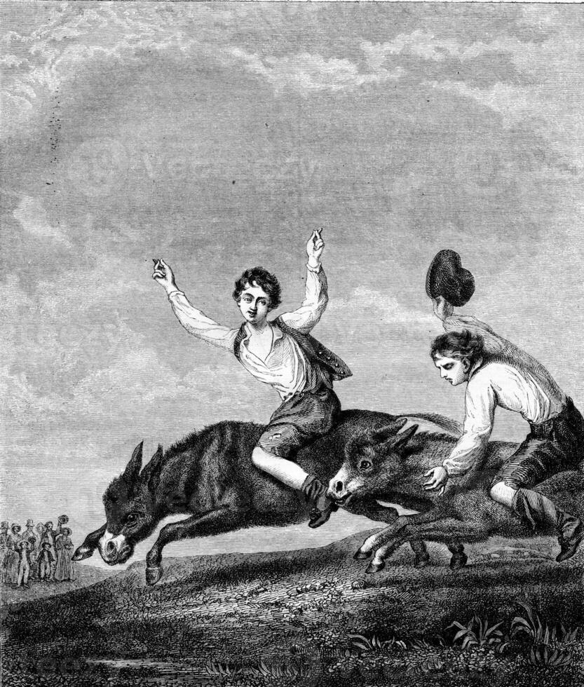 The donkey race, vintage engraving. photo