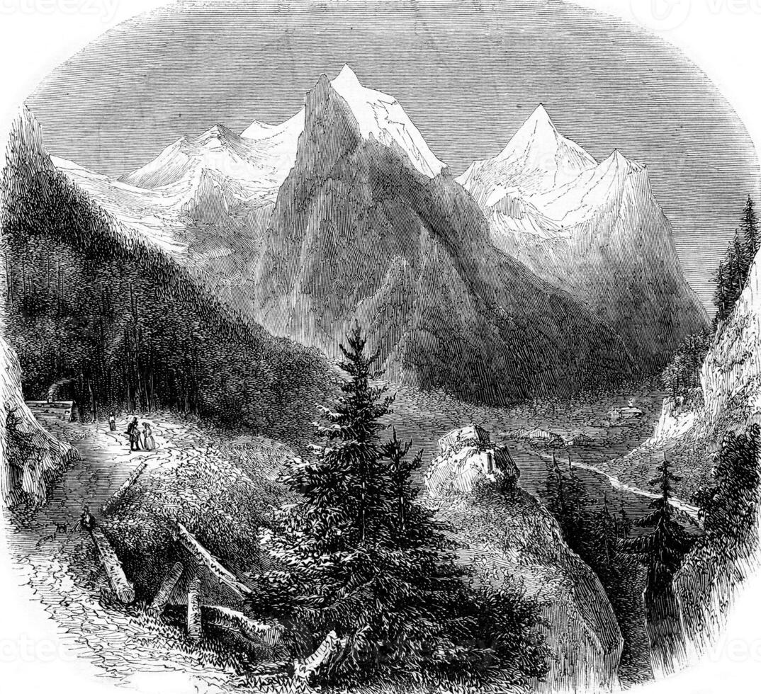 View of the Wetterhorn in the Bernese, vintage engraving. photo