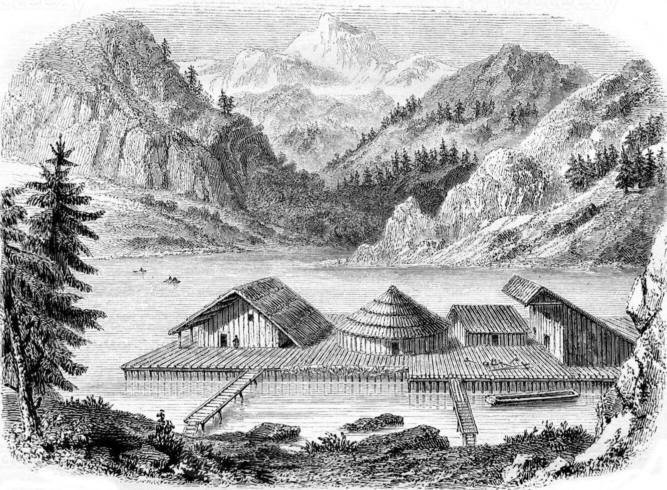 Gallic village on stilts, not far from the village of Milan, Lake Zurich, vintage engraving. photo