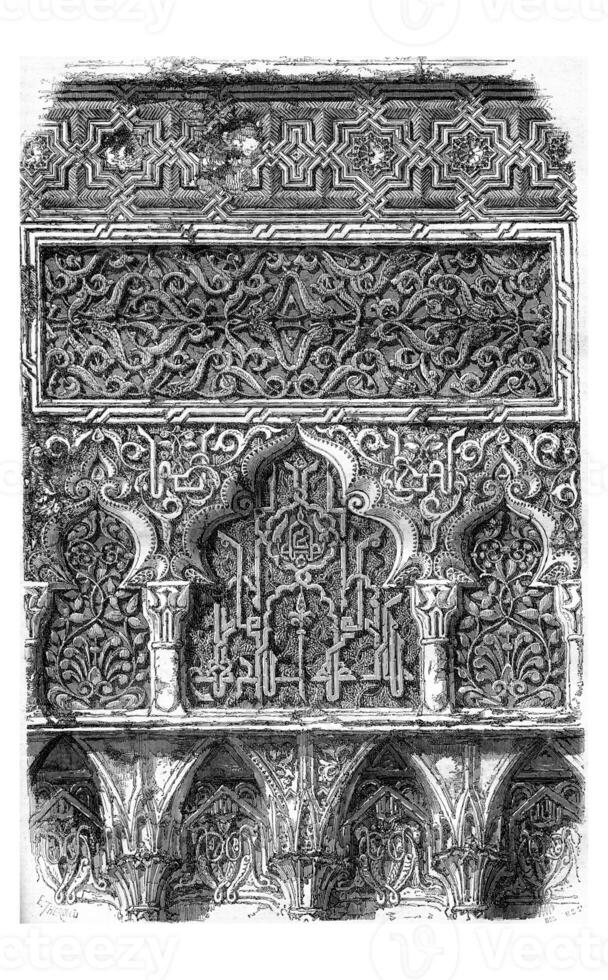 Fragments of sculptures at the Alhambra, vintage engraving. photo