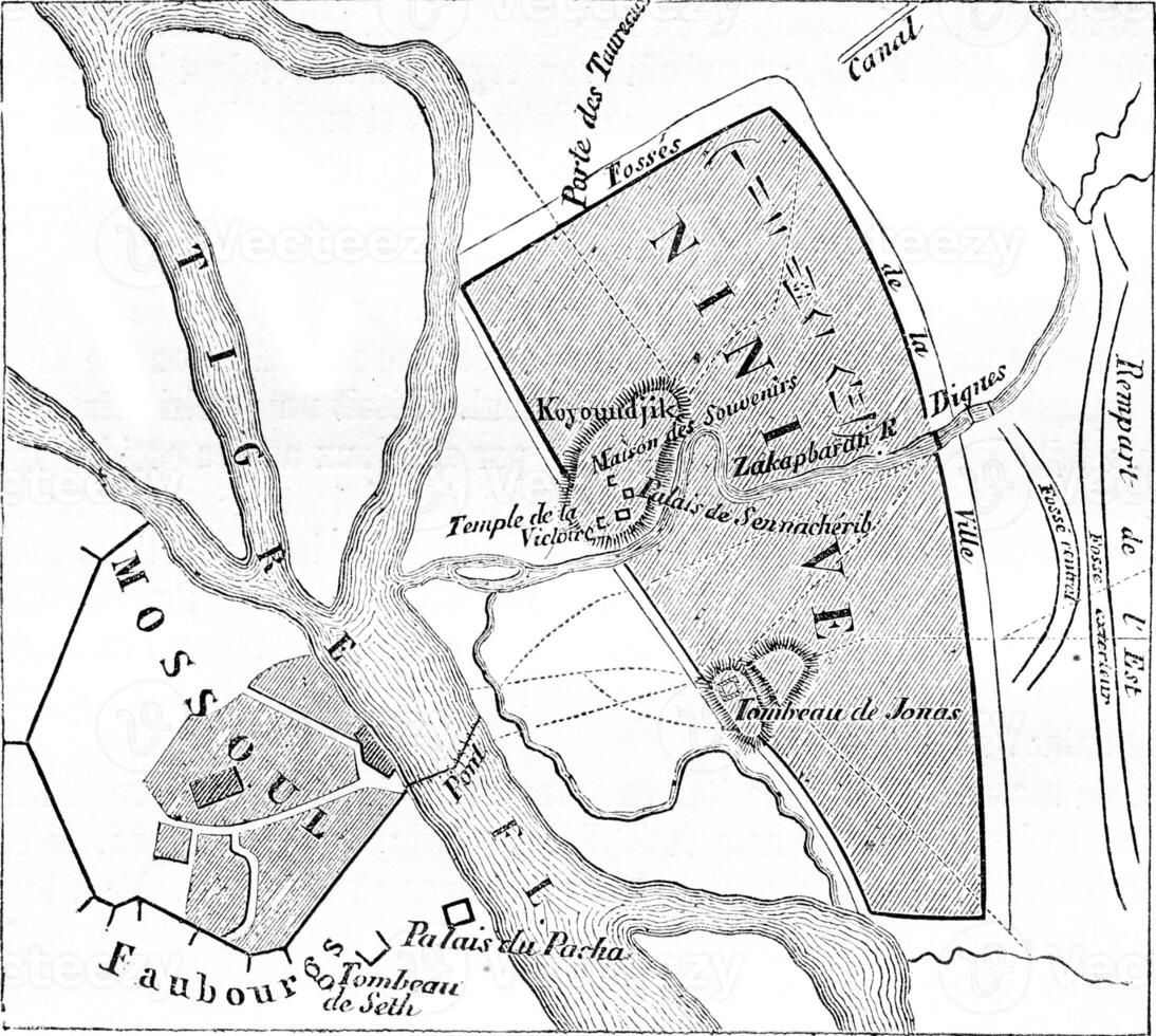 mapa de el restos de Nínive, Clásico grabado. foto