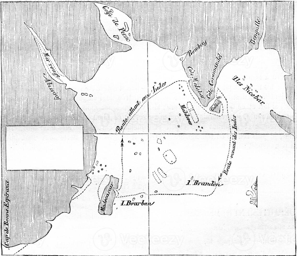 Imperial library, cards department, Map drawn by Bourdonnais in prison, on a handkerchief, with soot and coffee grounds, vintage engraving. photo