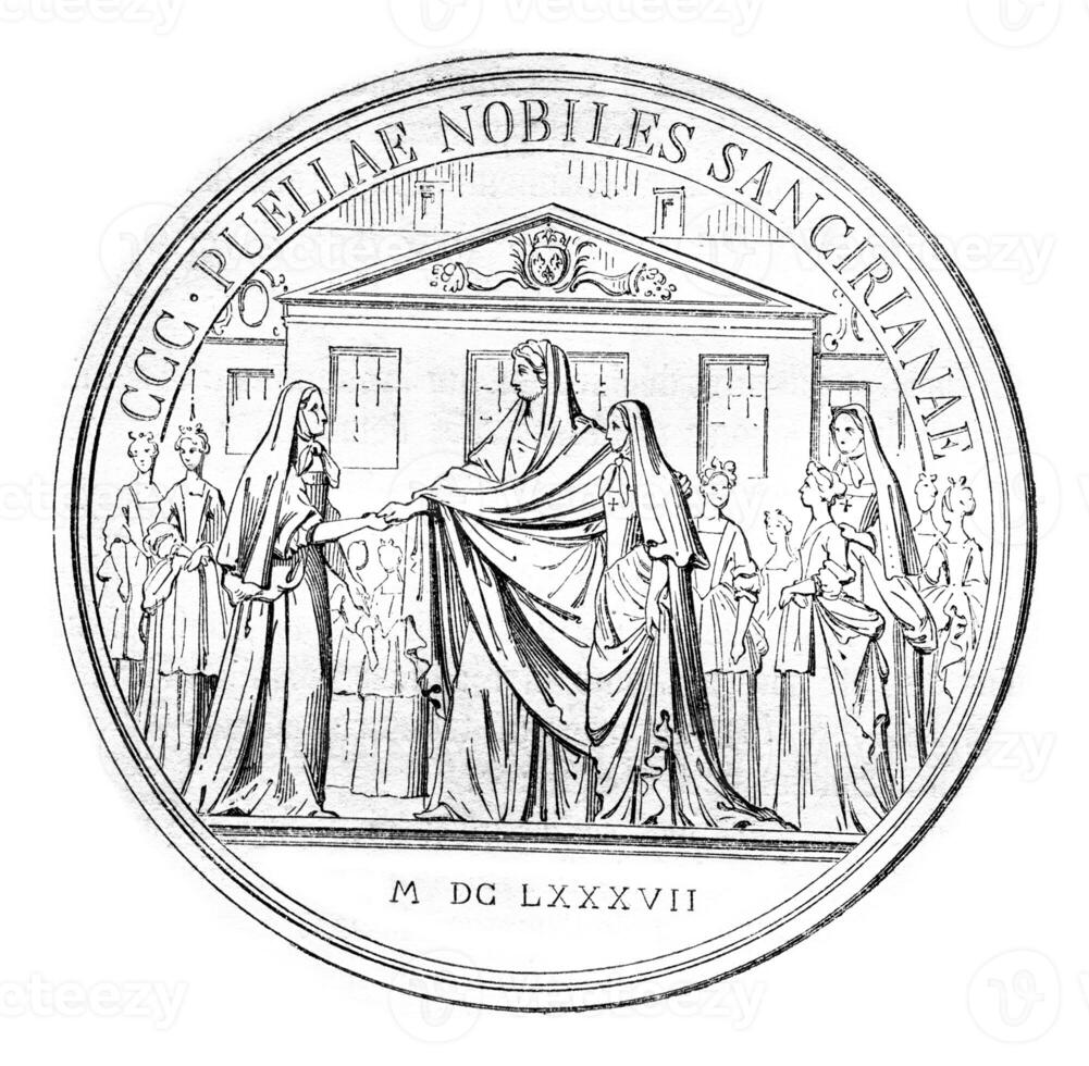 Commemorative Medal of the foundation of the house of Saint-Cyr, vintage engraving. photo