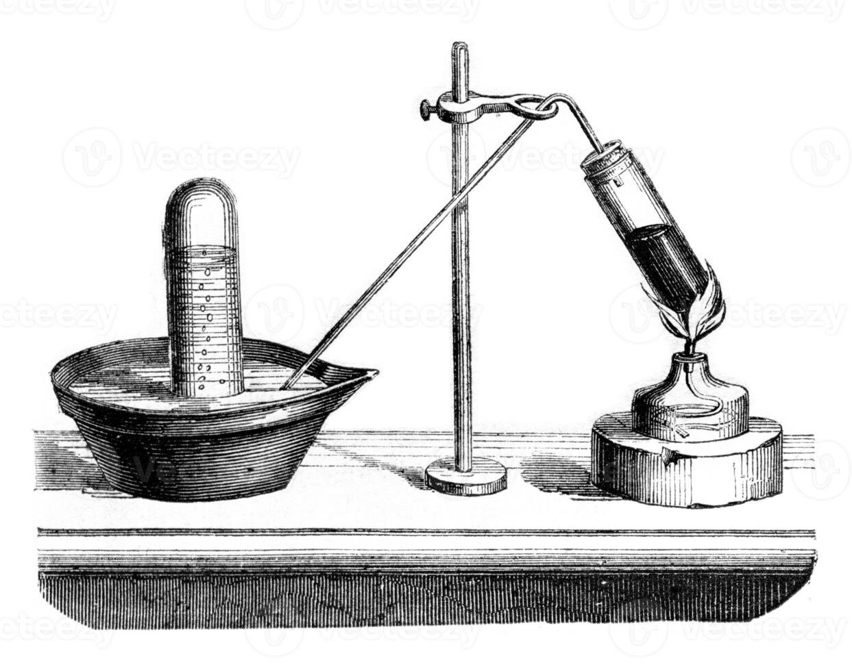 How to extracts the oxygen gas or mercury oxide red oxide, vintage engraving. photo