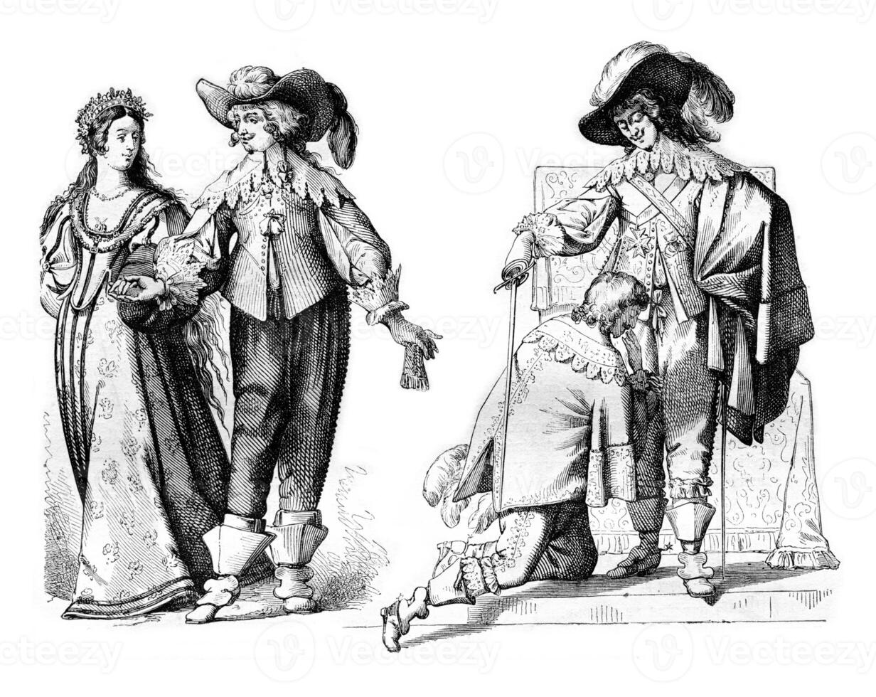 Gentleman driving a 1636 campaign bride, Louis XIII creating a knight of the Holy Spirit in 1633, vintage engraving. photo