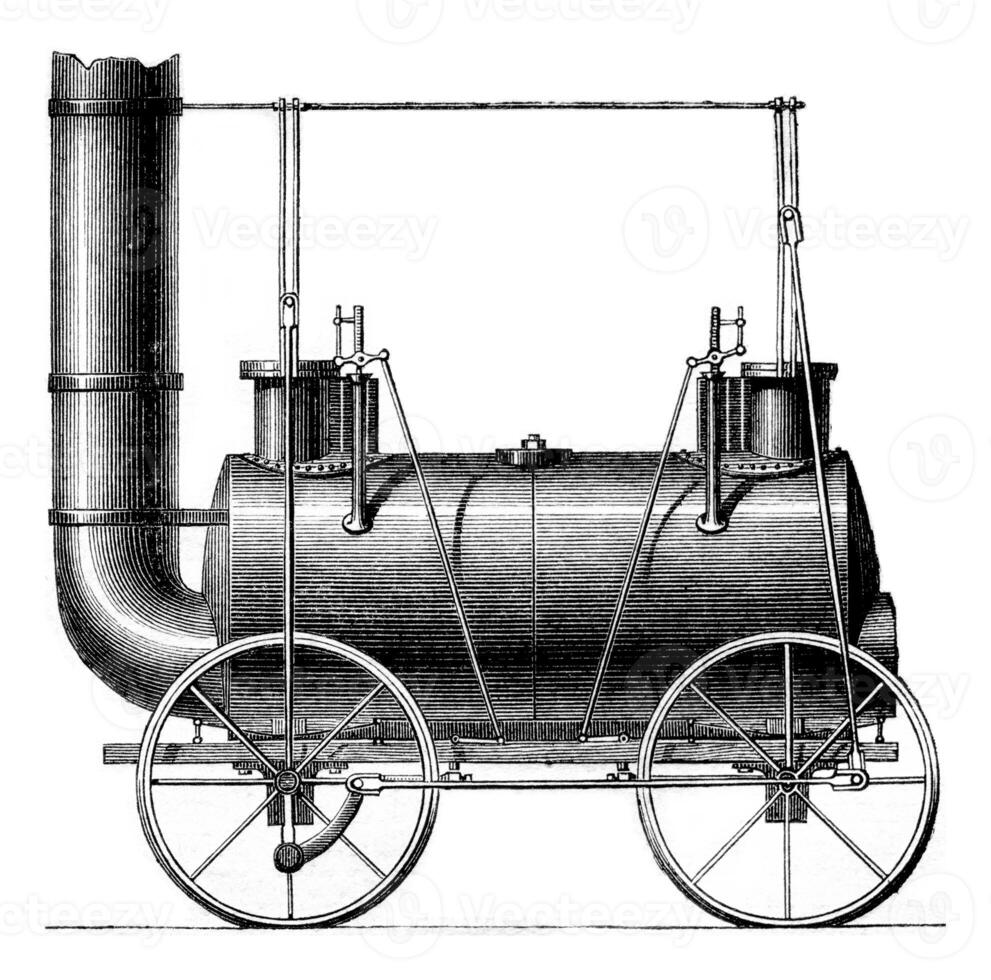 Coupled wheels Locomotive, G. Stephenson, vintage engraving. photo