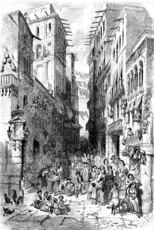 The street bonito da San Lucia, Naples, vintage engraving. photo