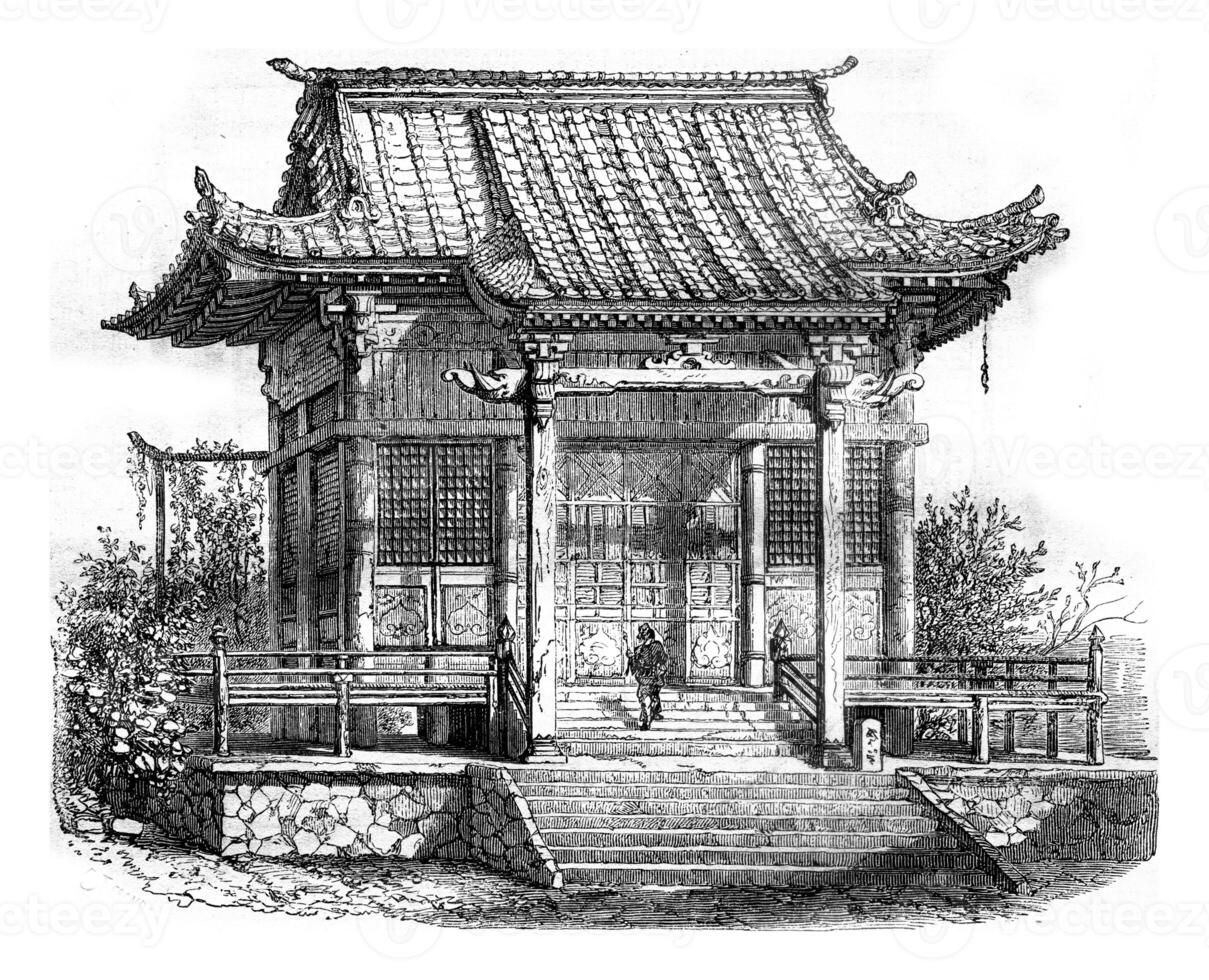 A Buddhist temple, vintage engraving. photo