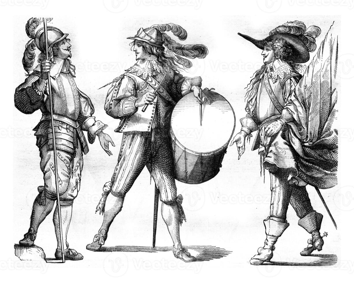 Piker, Drum and Flag Bearer of french Guards in 1635, vintage engraving. photo