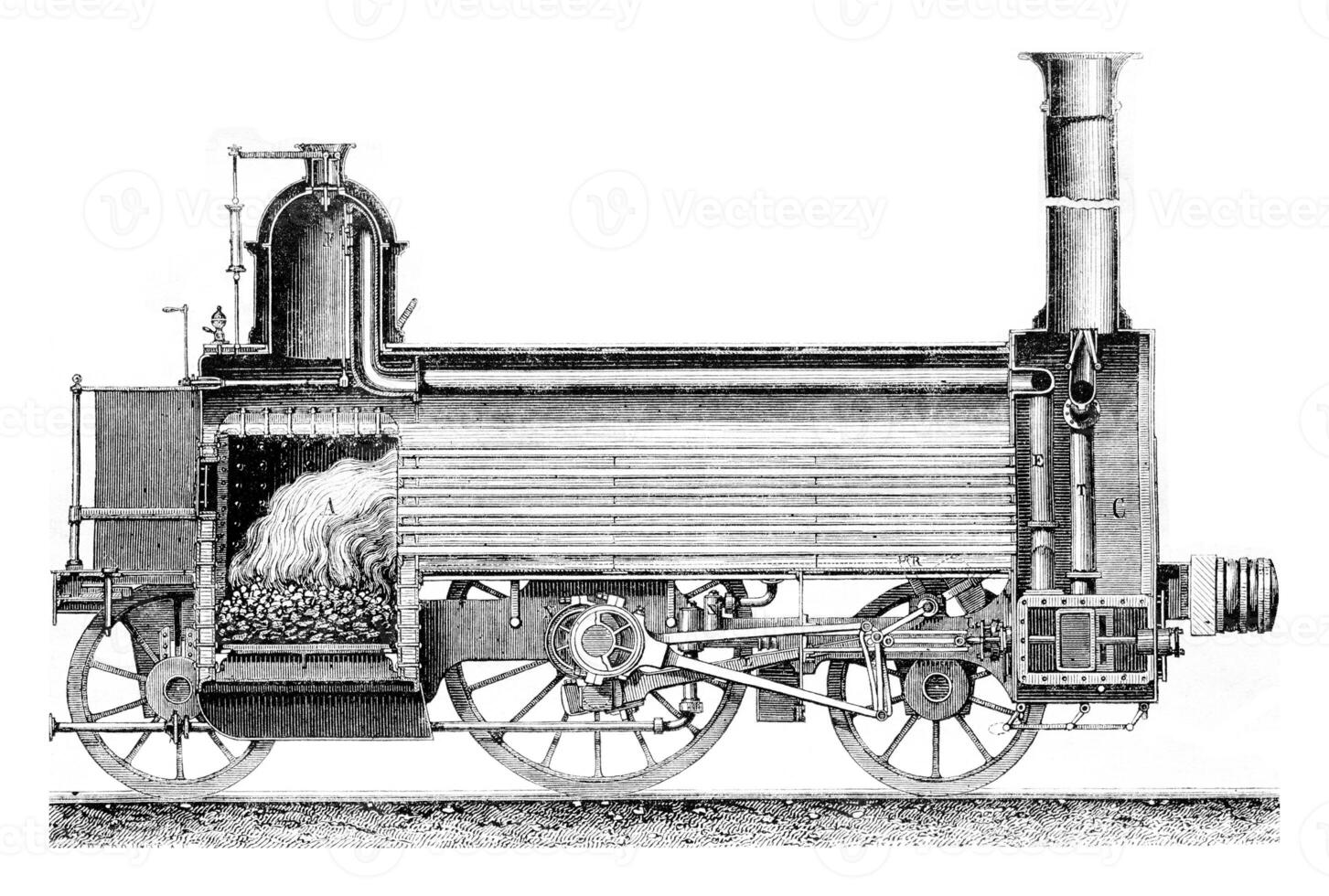 Longitudinal section of a locomotive, vintage engraving. photo