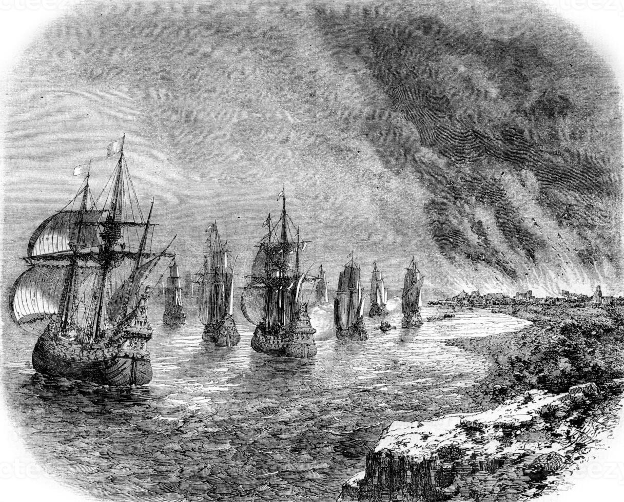 junio 1667, el holandés flota transparencia fuego en el támesis, Clásico grabado. foto
