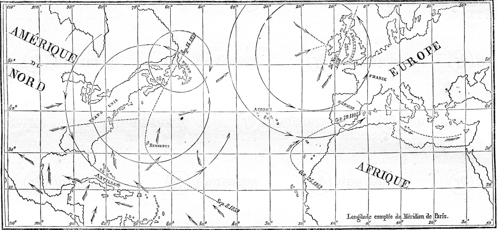 Map of the walk of several cyclones, vintage engraving. photo