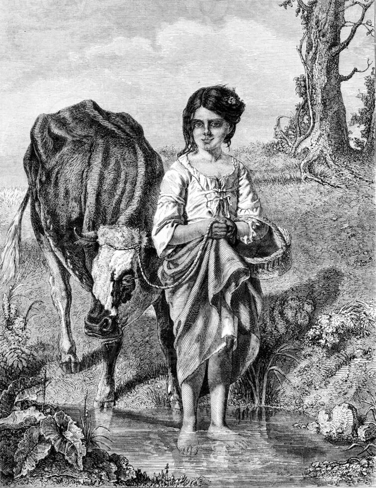 1861 Exhibition of Painting, The Source by Mr. Schlesinger, vintage engraving. photo