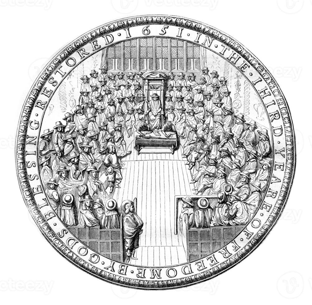 Seal of the English republic, 1651, vintage engraving. photo