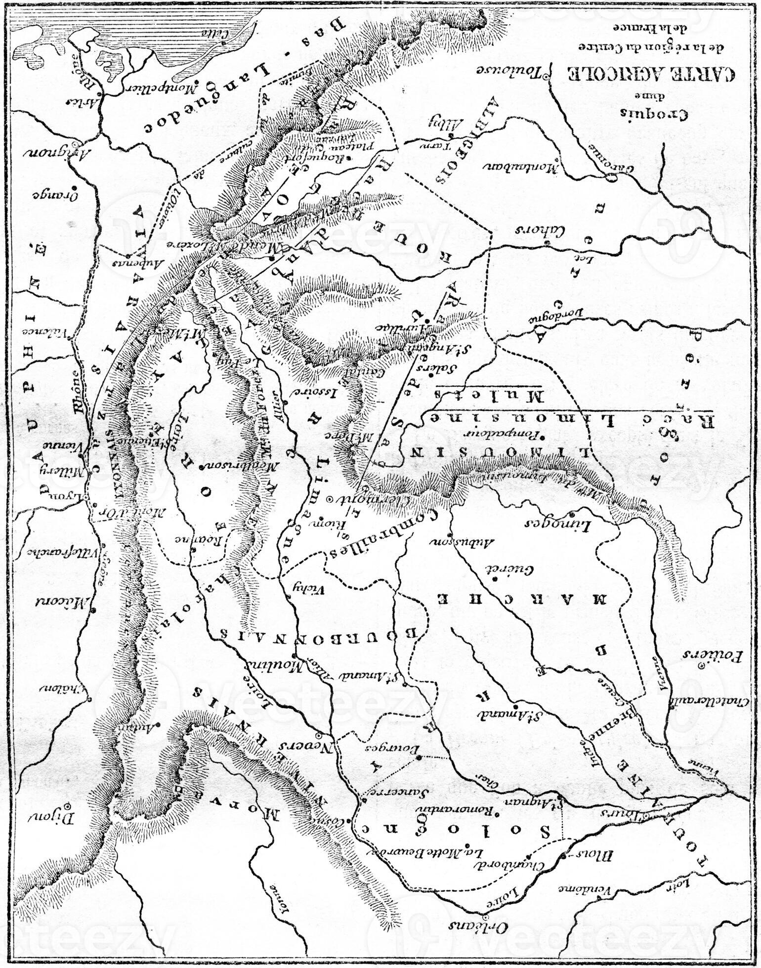 Sketch of an agricultural map of the region of Central France, vintage 