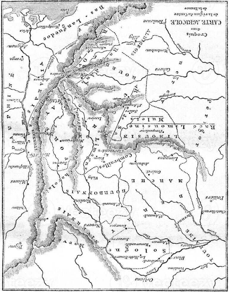 bosquejo de un agrícola mapa de el región de central Francia, Clásico grabado. foto