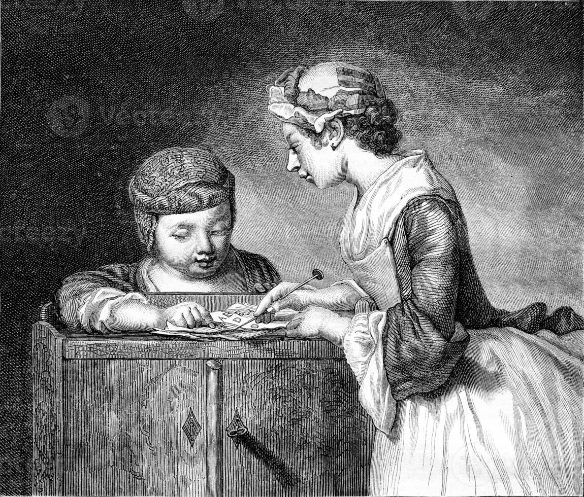 The Lesson of the elder sister, vintage engraving. photo