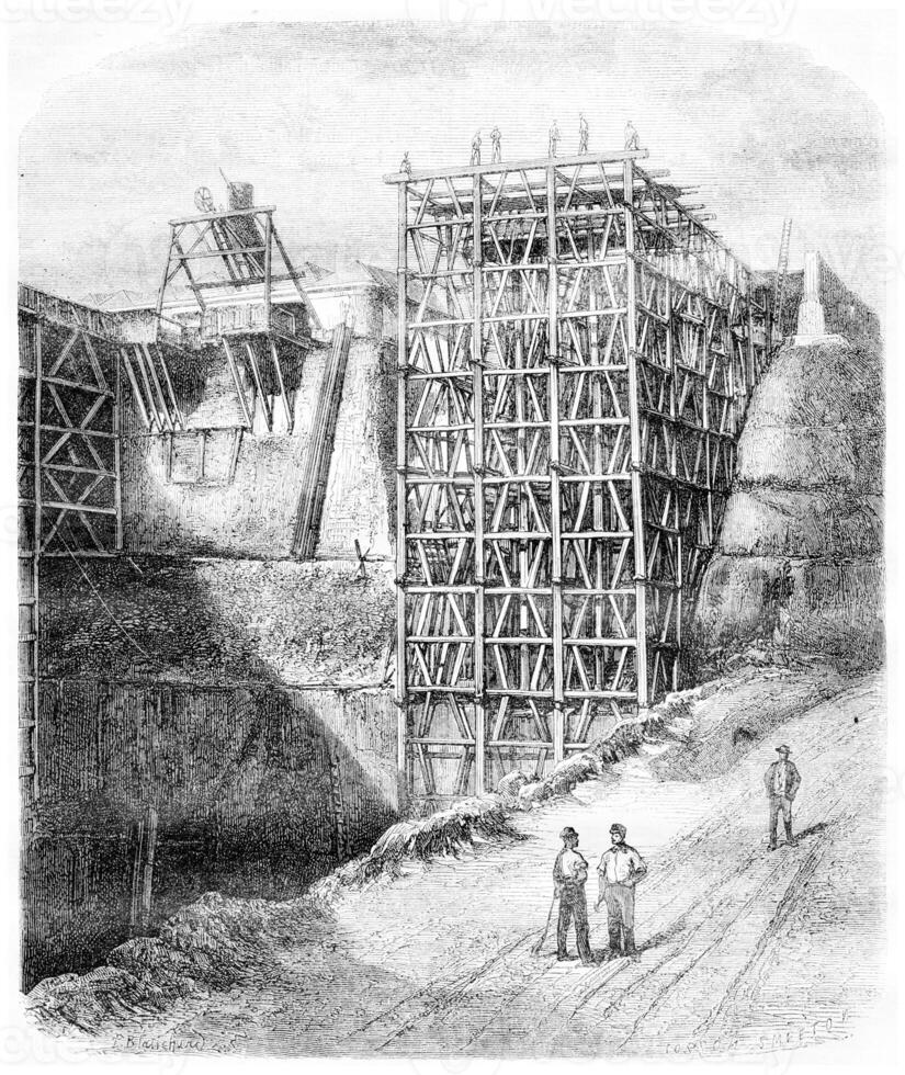 Slate quarries of Angers. Craft under construction, vintage engraving. photo