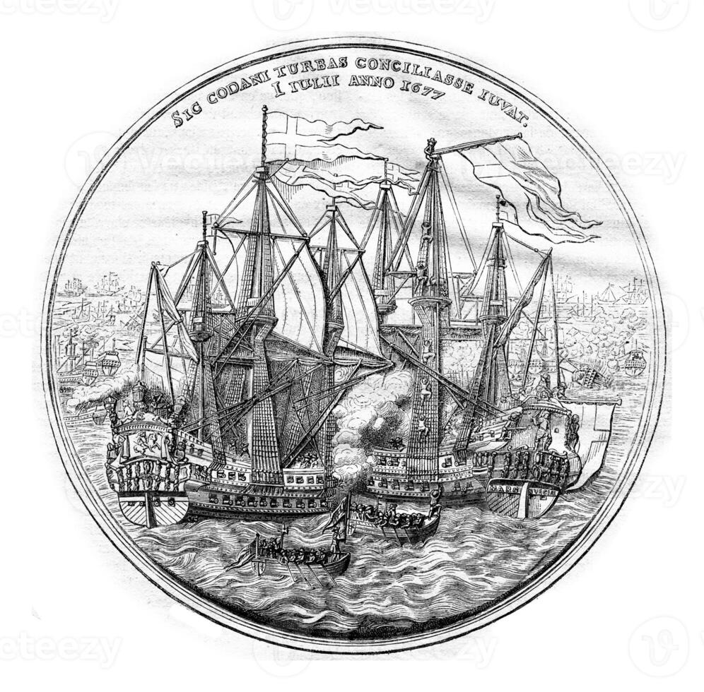 Cabinet of medals, Commemorative Medal silver of the Danish naval victories in 1677, vintage engraving. photo