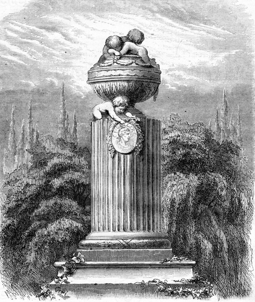 High monument showing head of Gellert by Ceser in the garden of the Wendler Library, in Leipzig, Germany. Drawing by Panquet. photo