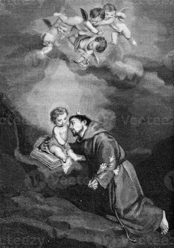 Saint Anthony of Padua, table Murillo in Seville Cathedral, vintage engraving. photo