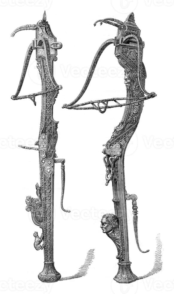 Crossbows sixteenth century, Exhibition of Fine Arts applied to Industry 1865, vintage engraving. photo