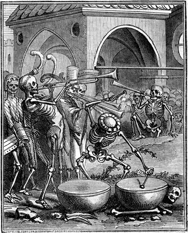 Death playing timpani, vintage engraving. photo