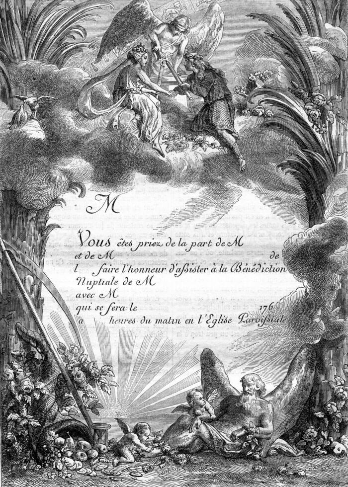 Facsimile of a wedding ticket eighteenth century, vintage engraving. photo