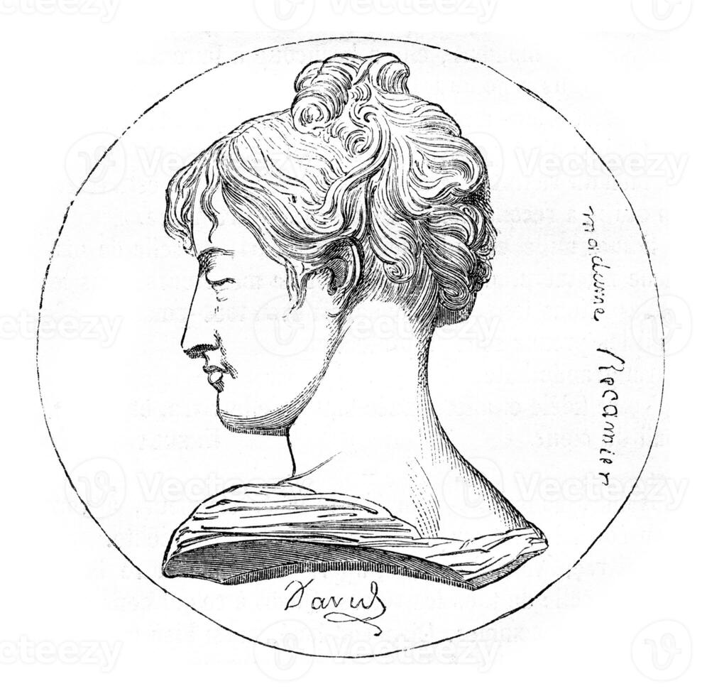 Voy, Madame Recamier on the table thirty years, Medallion by David d'Angers, vintage engraving. photo