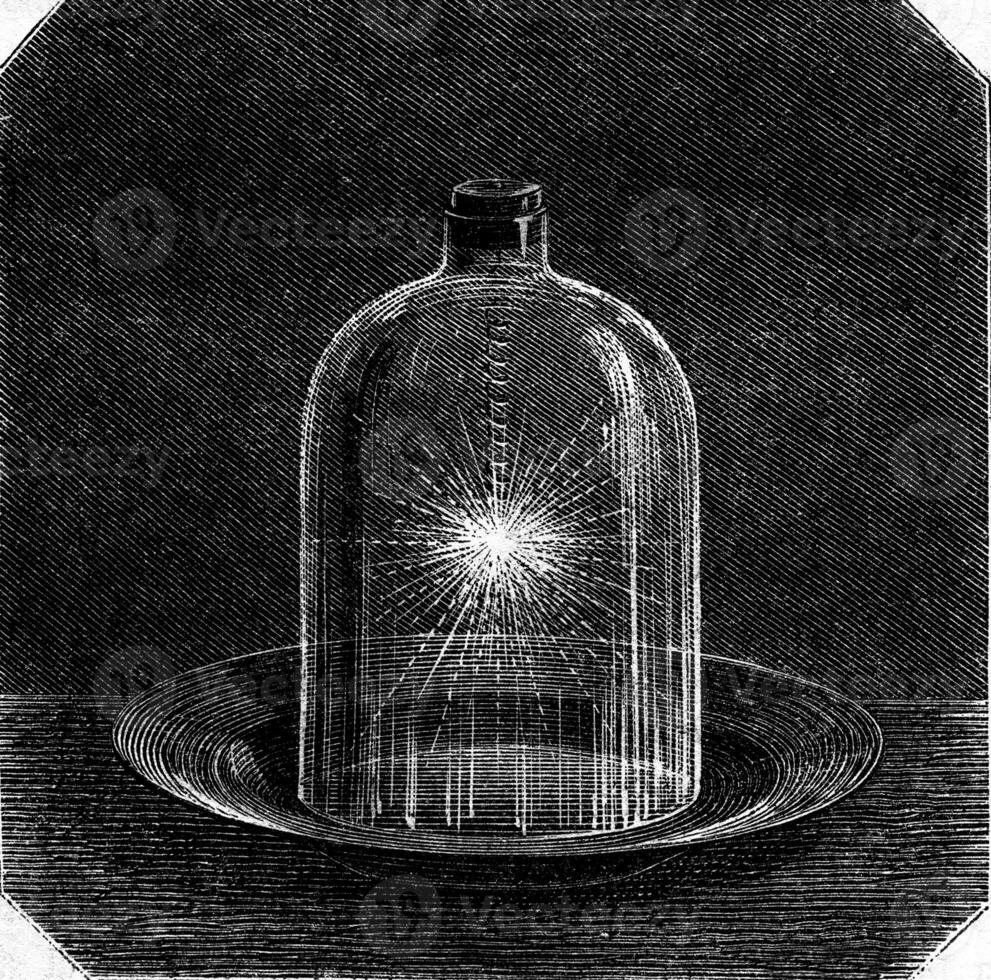 Iron combustion in oxygen, vintage engraving. photo