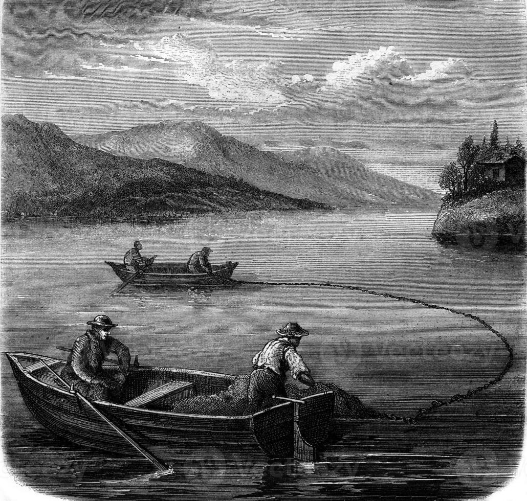 On a Swiss lake, vintage engraving. photo