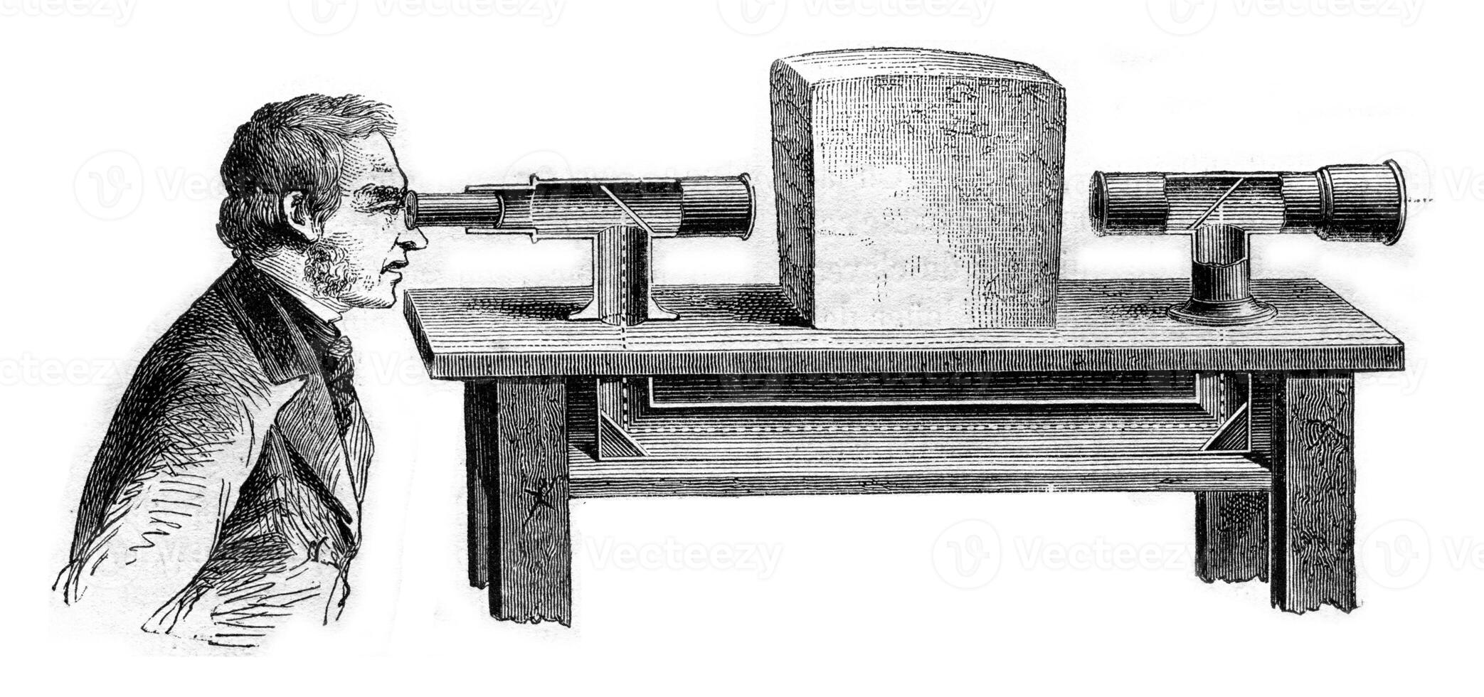 Cutting the broken telescope, vintage engraving. photo