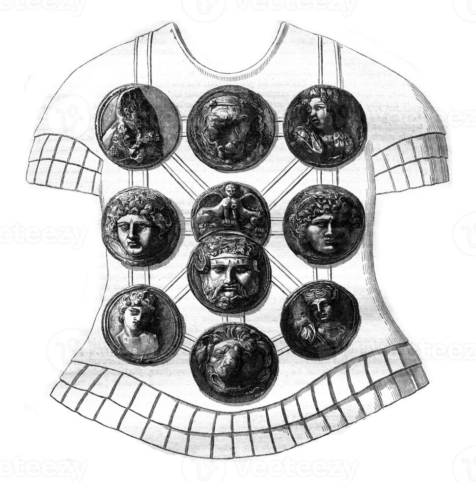 Roman military decorations, after a molding Museum of artillery, vintage engraving. photo