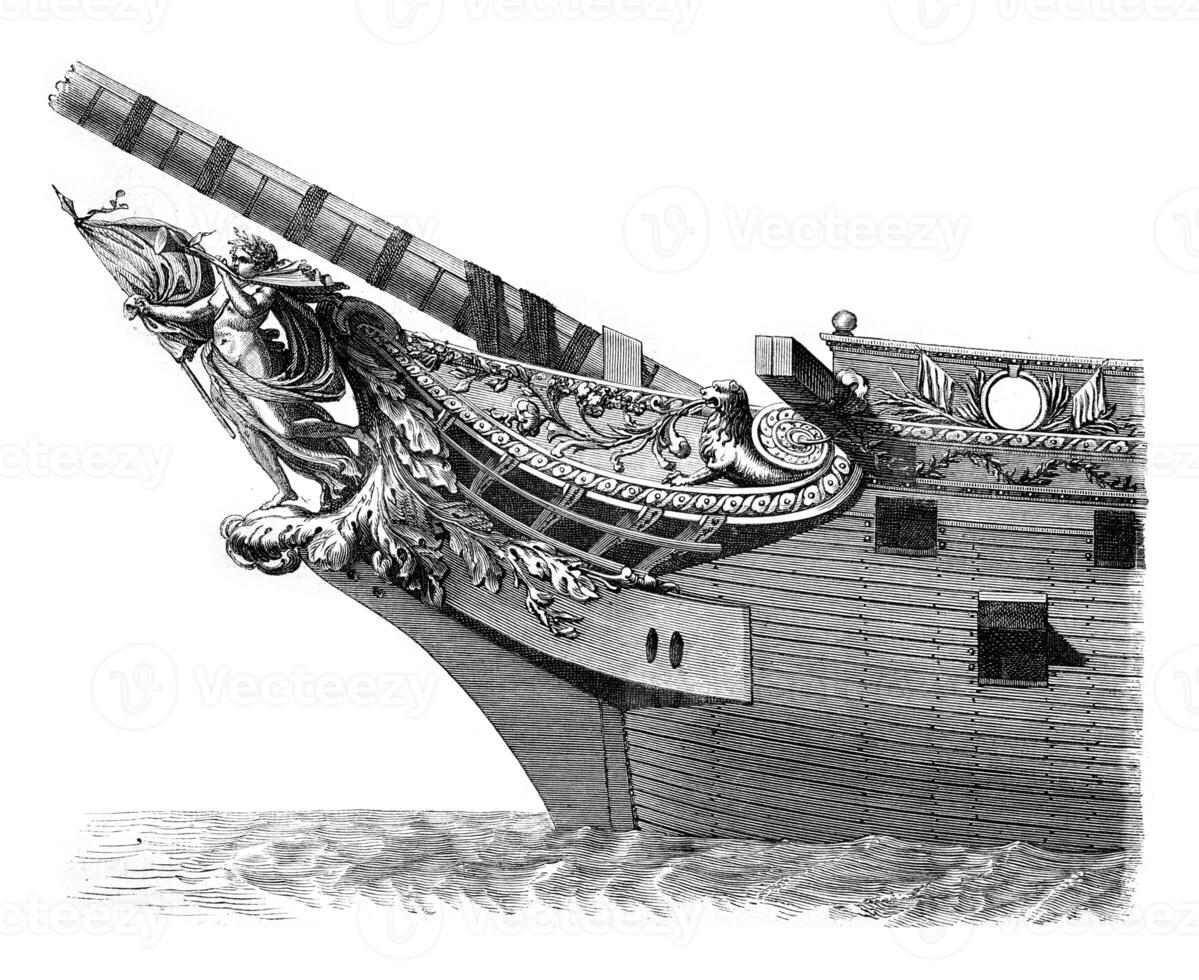 Ornaments from the prow of an ancient ship of 80 guns, vintage engraving. photo