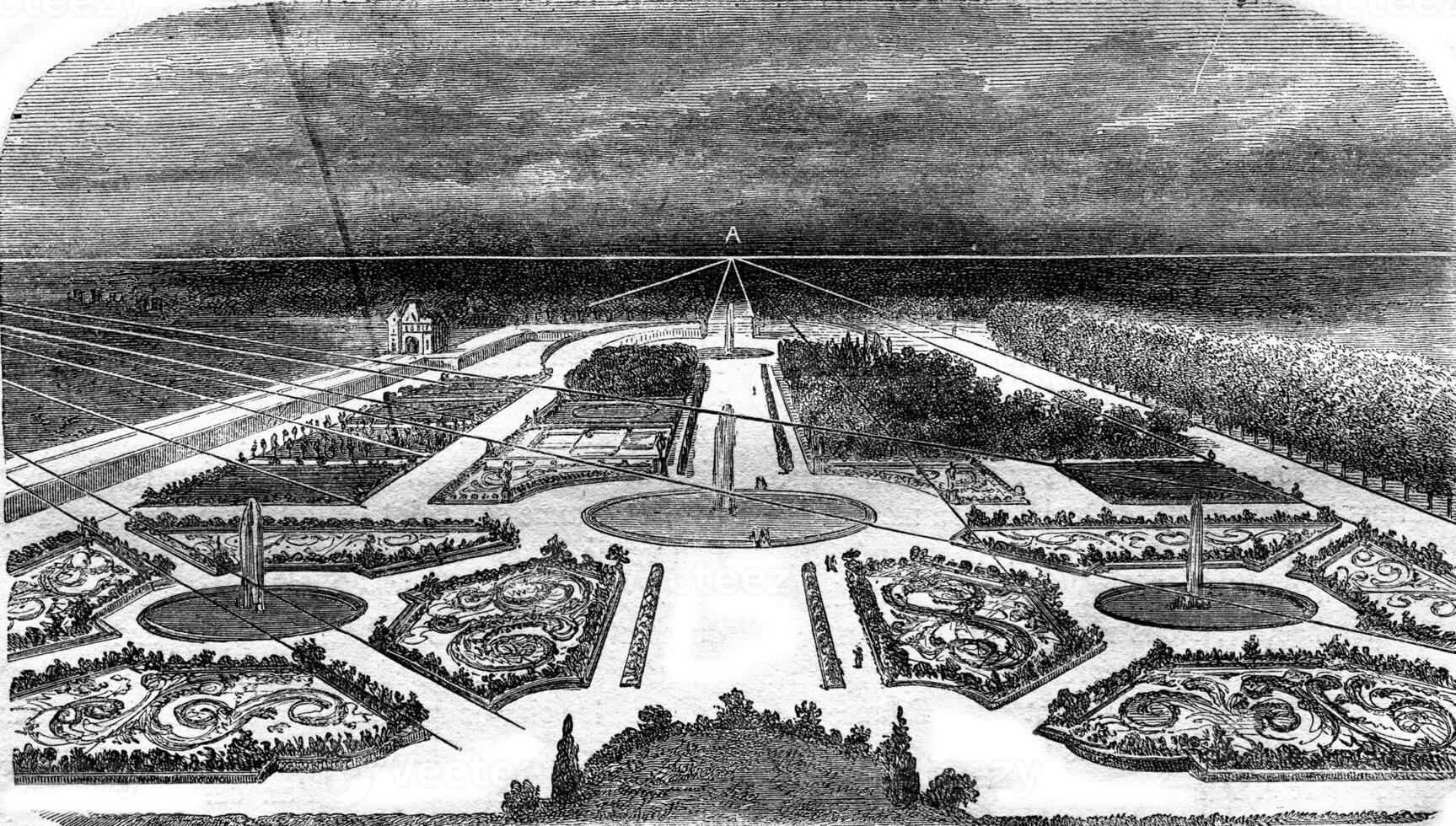 Enlarged perspective of the plan above, vintage engraving. photo