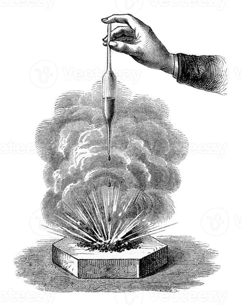 Action of sulfuric acid on barite, vintage engraving. photo