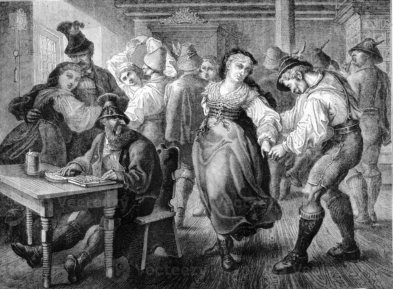 Dance scene in a hostel of Bavaria, vintage engraving. photo