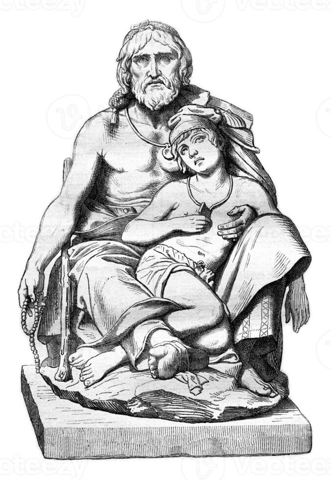 Calabrian peasant and his sick son marble group, vintage engraving. photo