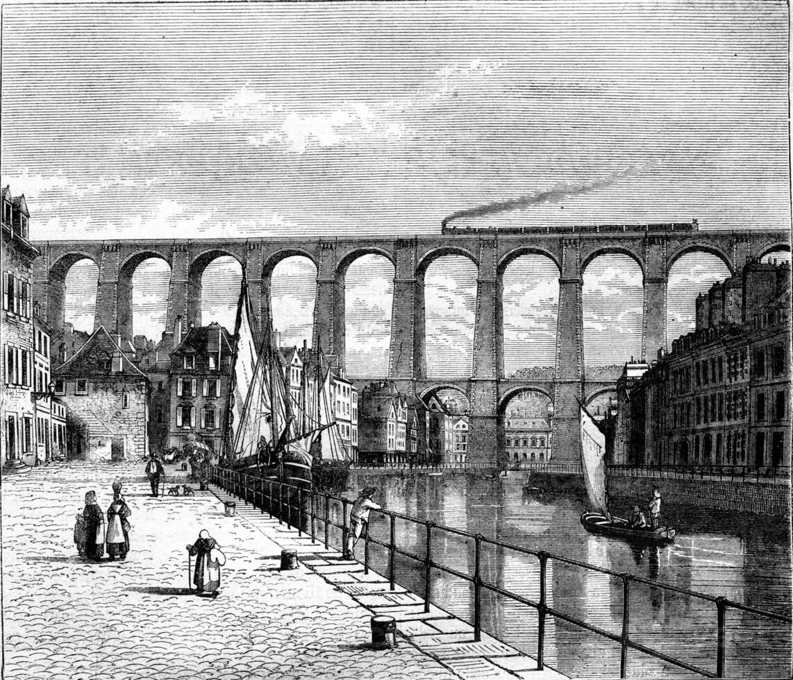 The Viaduct Morlaix, vintage engraving. photo