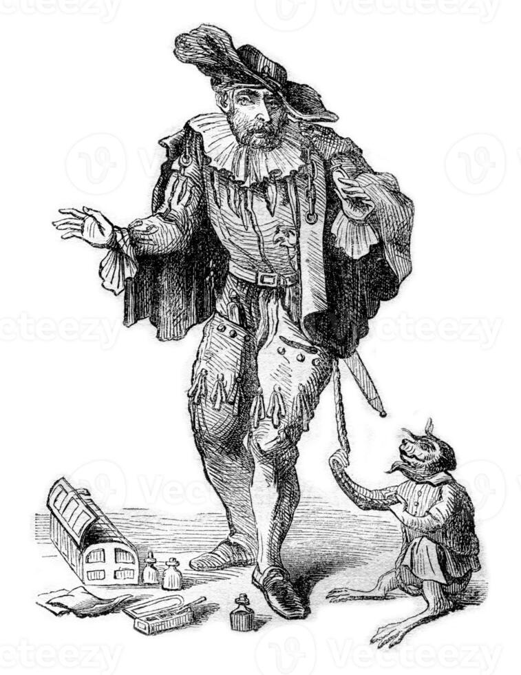 A Quack in London in 1665, vintage engraving. photo